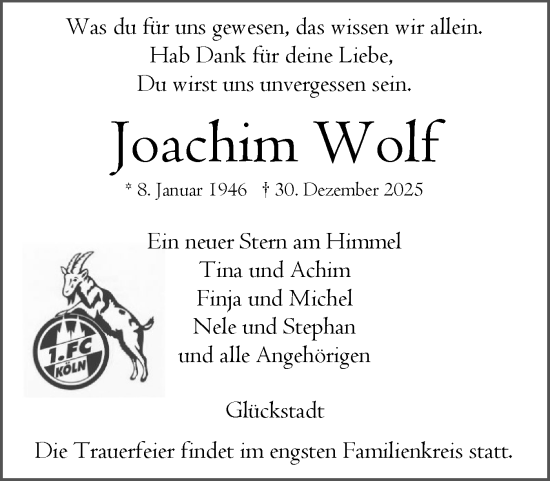 Traueranzeige von Joachim Wolf von Norddeutsche Rundschau, Wilstersche Zeitung, Glückstädter Fortuna