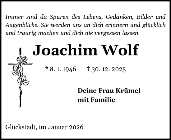 Traueranzeige von Joachim Wolf von Norddeutsche Rundschau, Wilstersche Zeitung, Glückstädter Fortuna