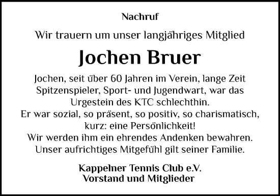 Traueranzeige von Jochen Bruer von Schleswiger Nachrichten, Schlei-Bote
