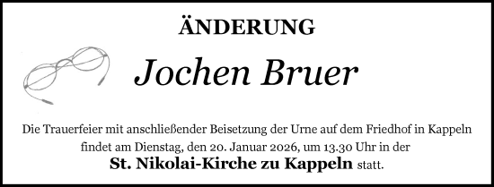 Traueranzeige von Jochen Bruer von Schleswiger Nachrichten, Schlei-Bote
