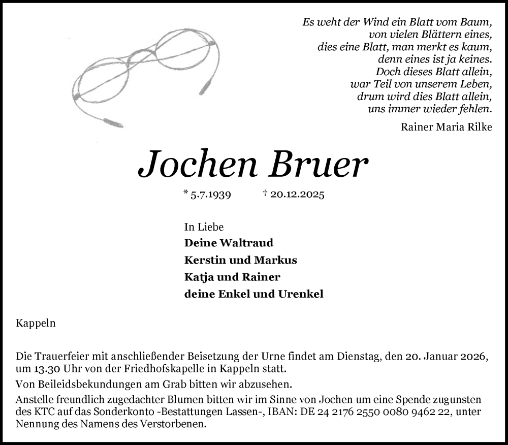  Traueranzeige für Jochen Bruer vom 03.01.2026 aus Schleswiger Nachrichten, Schlei-Bote