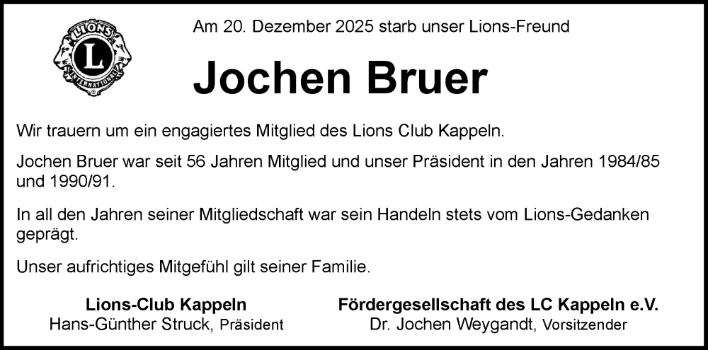 Traueranzeige für Jochen Bruer vom 05.01.2026 aus Schleswiger Nachrichten, Schlei-Bote