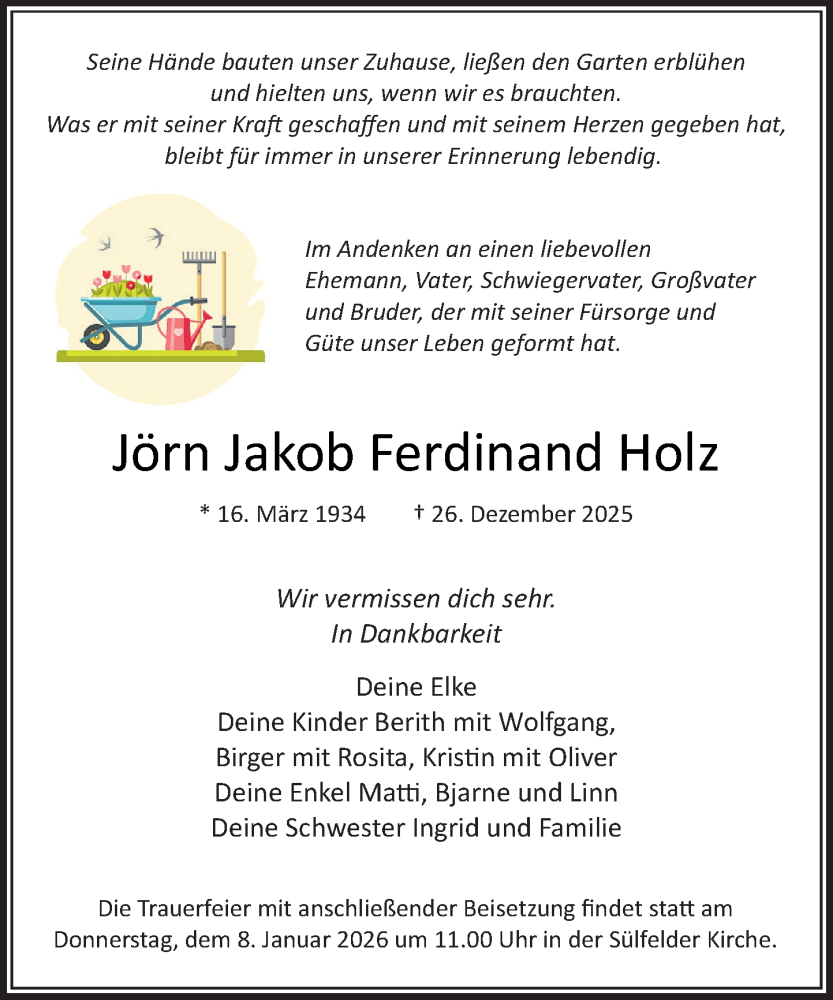  Traueranzeige für Jörn Jakob Ferdinand Holz vom 03.01.2026 aus MARKT Bad Oldesloe/Reinfeld und Stormarner Tageblatt