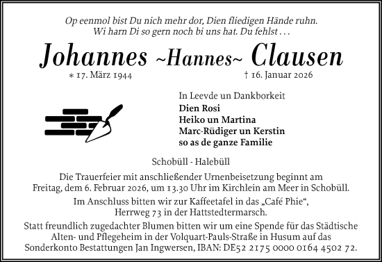 Traueranzeige von Johannes Clausen von Husumer Nachrichten, Nordfriesland Tageblatt