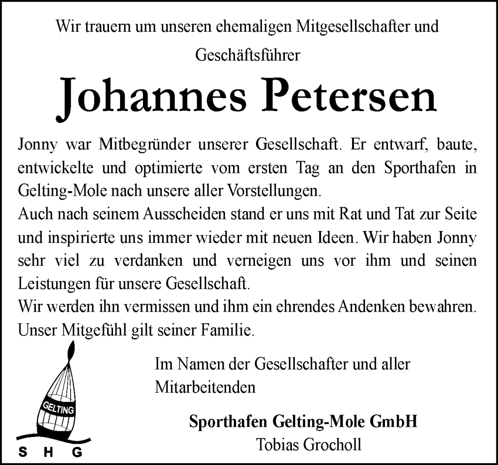  Traueranzeige für Johannes Petersen vom 31.01.2026 aus Flensburger Tageblatt, Schleswiger Nachrichten, Schlei-Bote