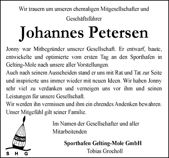 Traueranzeige von Johannes Petersen von Flensburger Tageblatt, Schleswiger Nachrichten, Schlei-Bote