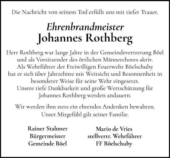 Traueranzeige von Johannes Rothberg von Schleswiger Nachrichten, Schlei-Bote