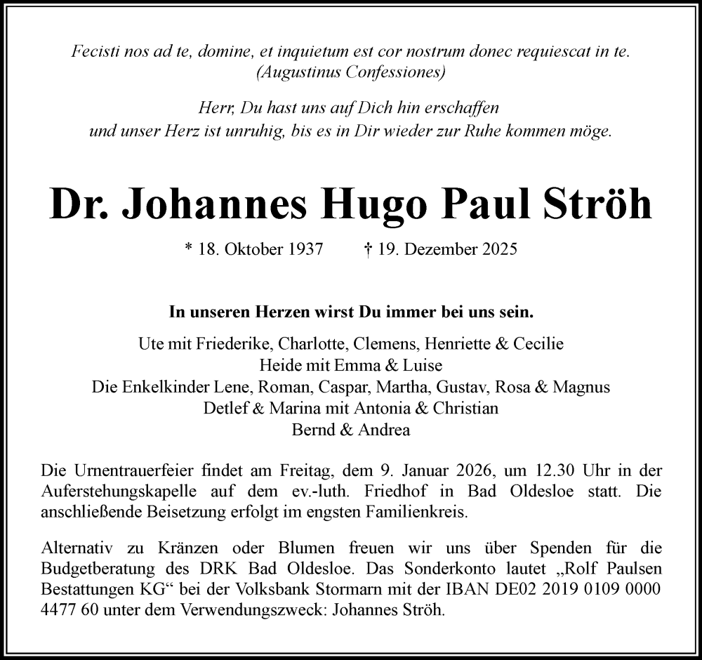  Traueranzeige für Johannes Hugo Paul Ströh vom 03.01.2026 aus MARKT Bad Oldesloe/Reinfeld, MARKT Ahrensburg/Bargteheide/Trittau und Stormarner Tageblatt