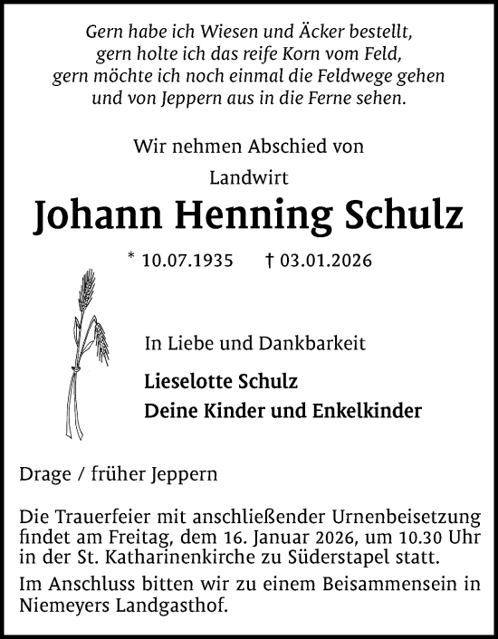 Traueranzeige von Johann Henning Schulz von Husumer Nachrichten, Nordfriesland Tageblatt