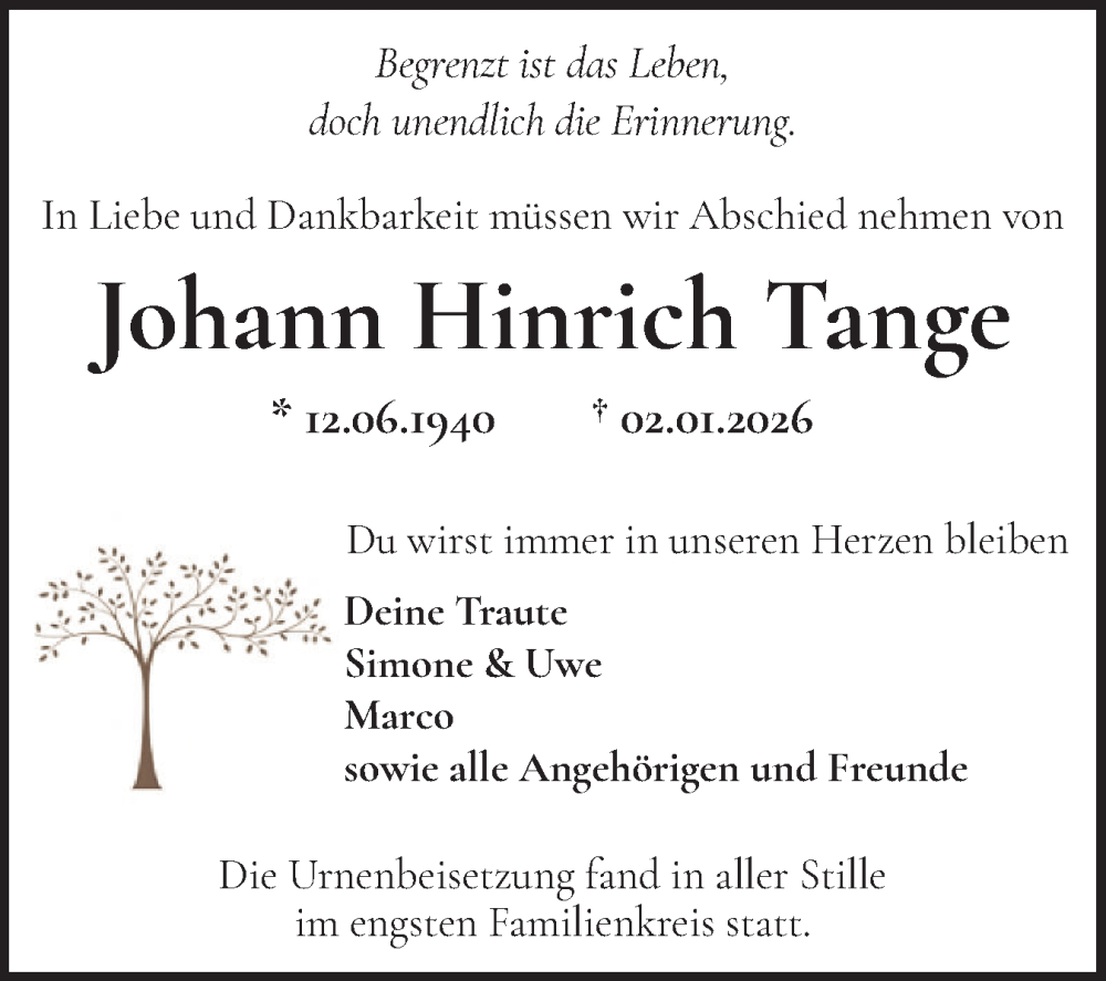  Traueranzeige für Johann Hinrich Tange vom 24.01.2026 aus Norddeutsche Rundschau, Wilstersche Zeitung, Glückstädter Fortuna