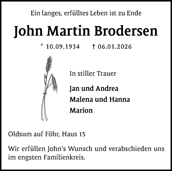 Traueranzeige von John Martin Brodersen von Der Insel-Bote