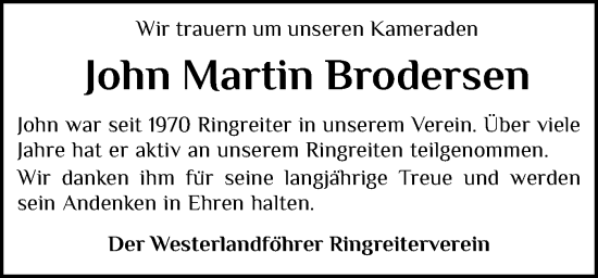 Traueranzeige von John Martin Brodersen von Der Insel-Bote