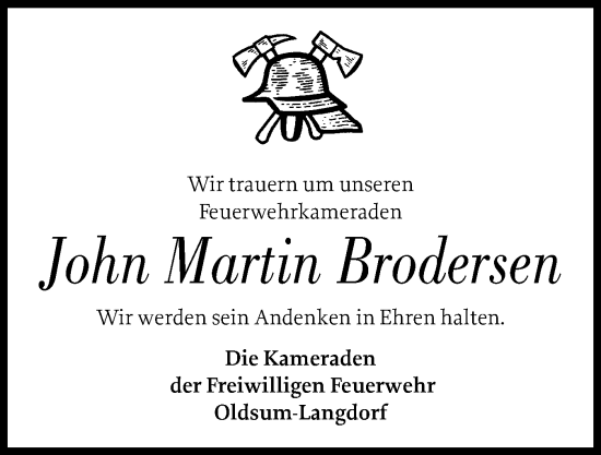 Traueranzeige von John Martin Brodersen von Der Insel-Bote