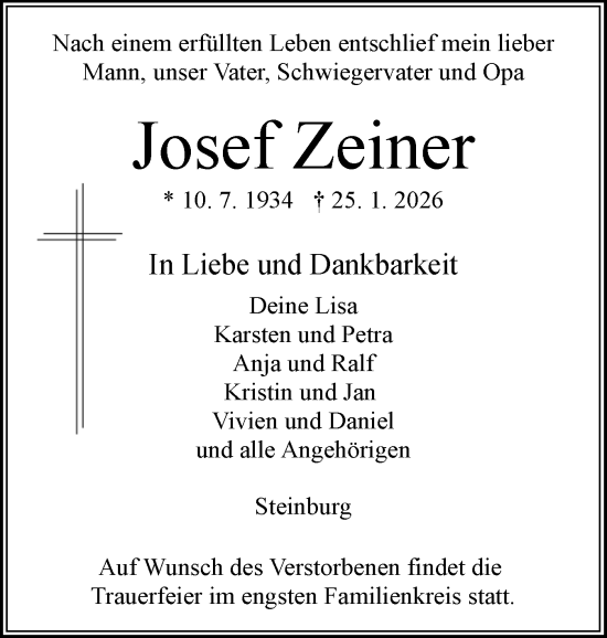 Traueranzeige von Josef Zeiner von Norddeutsche Rundschau, Wilstersche Zeitung, Glückstädter Fortuna