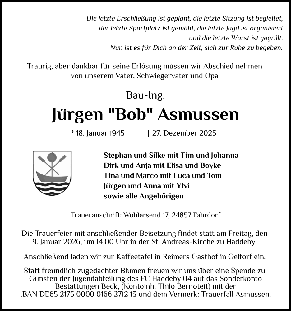  Traueranzeige für Jürgen Asmussen vom 03.01.2026 aus Schleswiger Nachrichten, Schlei-Bote