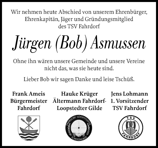 Traueranzeige von Jürgen Asmussen von Schleswiger Nachrichten, Schlei-Bote