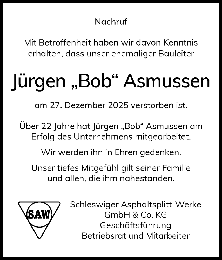  Traueranzeige für Jürgen Asmussen vom 10.01.2026 aus Schleswig-Holsteinische Landeszeitung