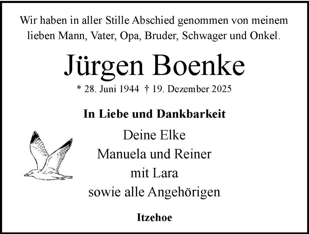  Traueranzeige für Jürgen Boenke vom 10.01.2026 aus Norddeutsche Rundschau, Wilstersche Zeitung, Glückstädter Fortuna