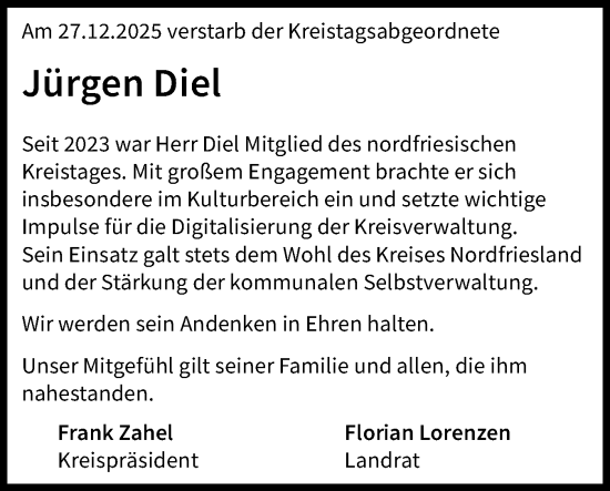 Traueranzeige von Jürgen Diel von Region Westküste