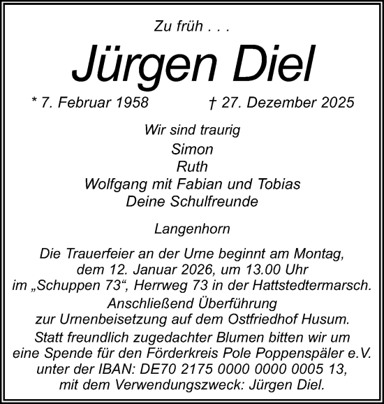 Traueranzeige von Jürgen Diel von Husumer Nachrichten, Nordfriesland Tageblatt
