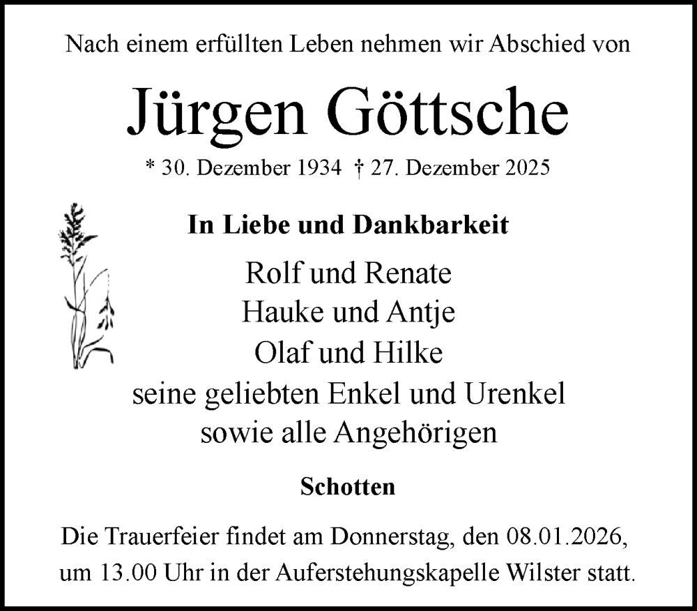  Traueranzeige für Jürgen Göttsche vom 03.01.2026 aus Norddeutsche Rundschau, Wilstersche Zeitung, Glückstädter Fortuna