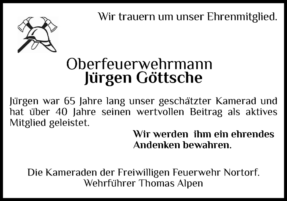  Traueranzeige für Jürgen Göttsche vom 08.01.2026 aus Norddeutsche Rundschau, Wilstersche Zeitung, Glückstädter Fortuna
