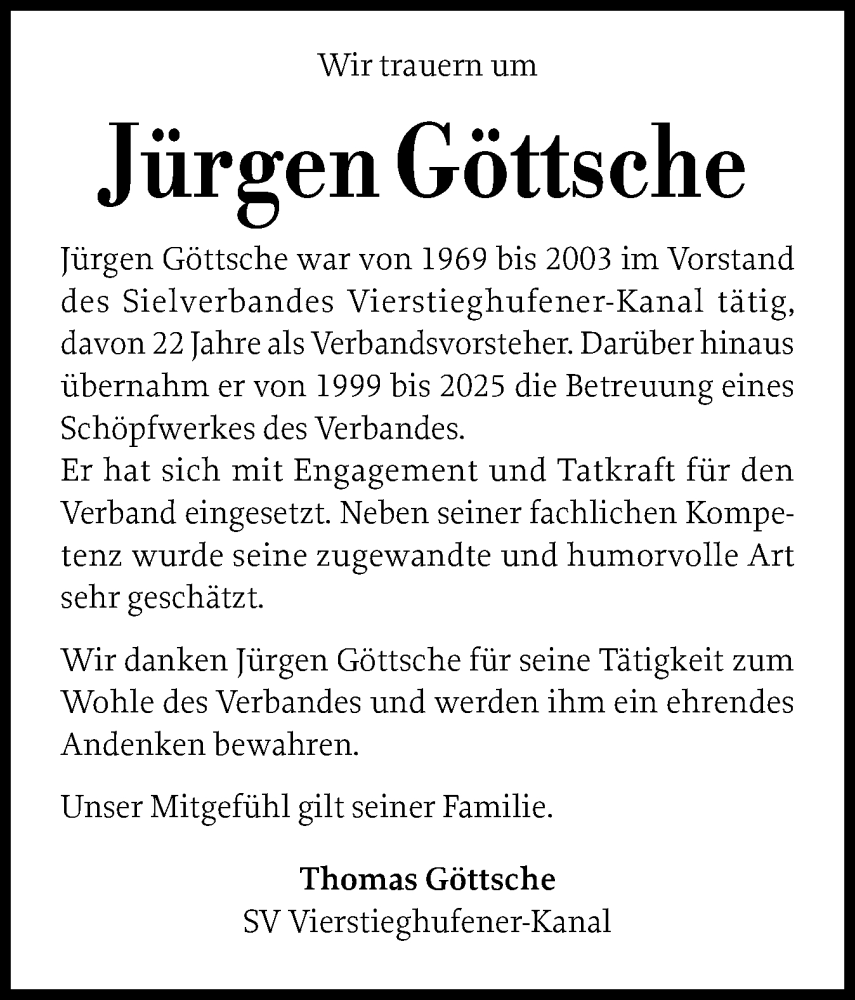  Traueranzeige für Jürgen Göttsche vom 08.01.2026 aus Norddeutsche Rundschau, Wilstersche Zeitung, Glückstädter Fortuna