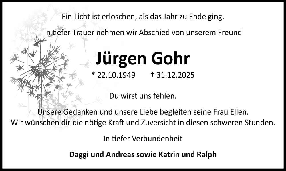  Traueranzeige für Jürgen Gohr vom 24.01.2026 aus MARKT Ratzeburg/Mölln