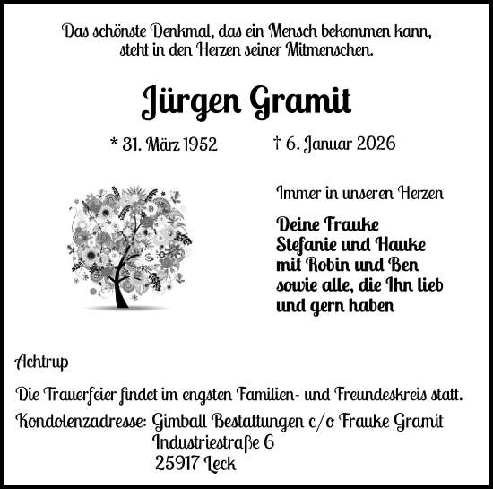 Traueranzeige von Jürgen Gramit von Husumer Nachrichten, Nordfriesland Tageblatt