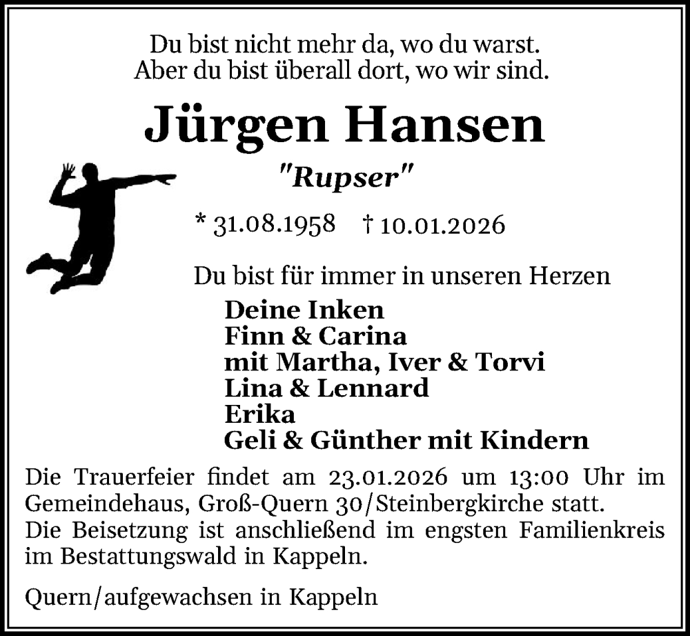  Traueranzeige für Jürgen Hansen vom 17.01.2026 aus Flensburger Tageblatt, Schleswiger Nachrichten, Schlei-Bote