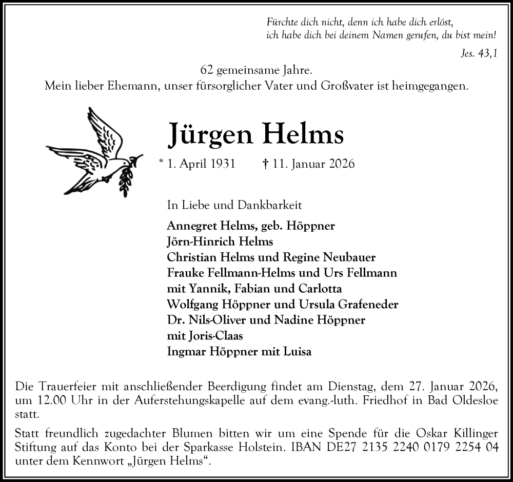  Traueranzeige für Jürgen Helms vom 24.01.2026 aus MARKT Bad Oldesloe/Reinfeld und Stormarner Tageblatt