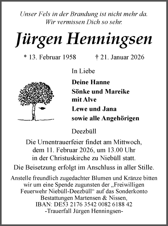 Traueranzeige von Jürgen Henningsen von Husumer Nachrichten, Nordfriesland Tageblatt