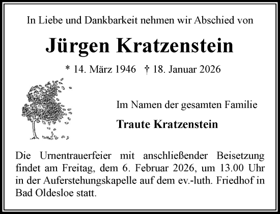 Traueranzeige von Jürgen Kratzenstein von MARKT Bad Oldesloe/Reinfeld und Stormarner Tageblatt