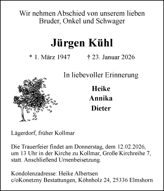 Traueranzeige von Jürgen Kühl von Norddeutsche Rundschau, Wilstersche Zeitung, Glückstädter Fortuna