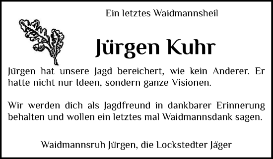 Traueranzeige von Jürgen Kuhr von Norddeutsche Rundschau, Wilstersche Zeitung, Glückstädter Fortuna