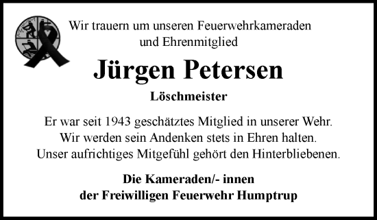 Traueranzeige von Jürgen Petersen von Husumer Nachrichten, Nordfriesland Tageblatt