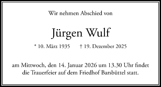 Traueranzeige von Jürgen Wulf von MARKT Glinde/Reinfeld