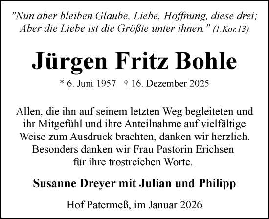Traueranzeige von Jürgen Fritz Bohle von Eckernförder Zeitung, Hallo Eckernförde