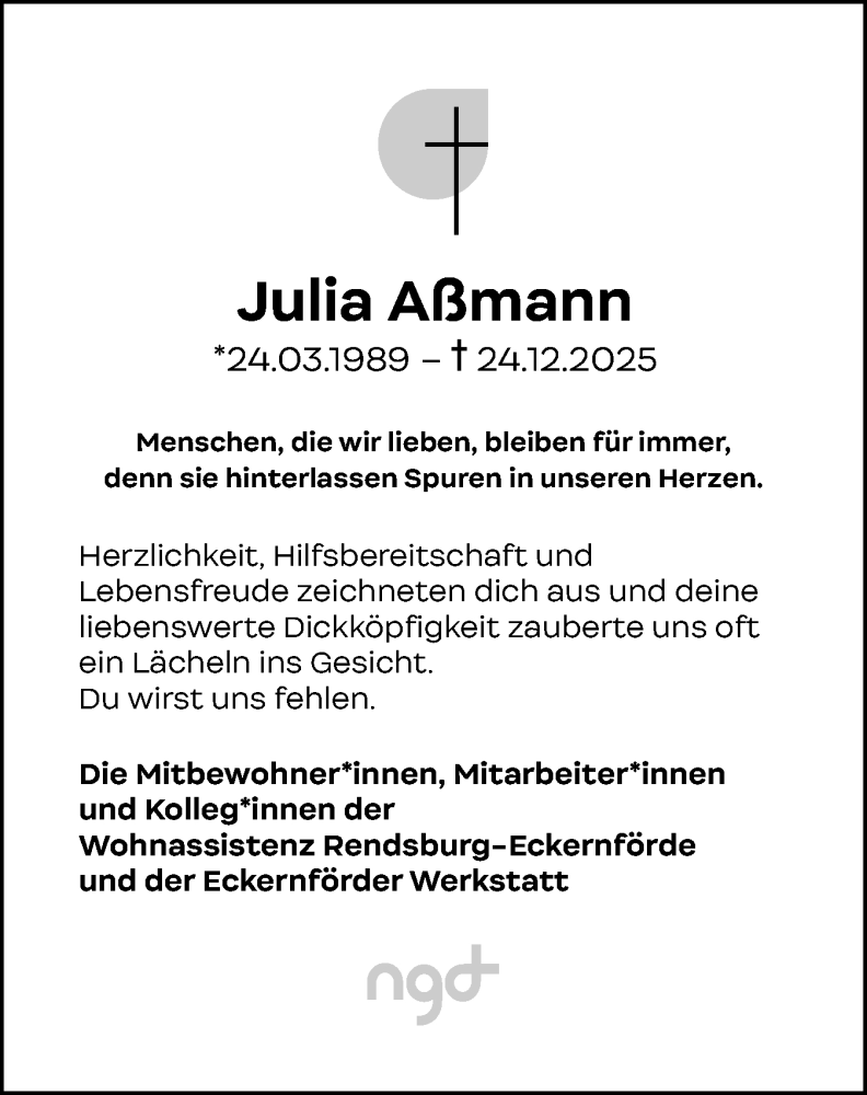  Traueranzeige für Julia Aßmann vom 17.01.2026 aus Eckernförder Zeitung, Hallo Eckernförde