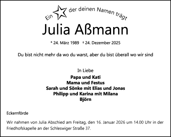 Traueranzeige von Julia Aßmann von Hallo Eckernförde