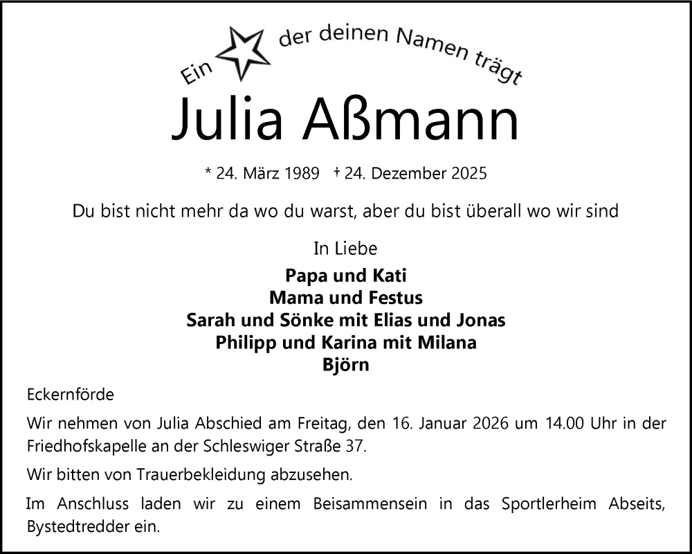  Traueranzeige für Julia Aßmann vom 10.01.2026 aus Eckernförder Zeitung