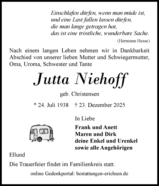 Traueranzeige von Jutta Niehoff von Flensburger Tageblatt