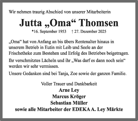 Traueranzeige von Jutta Thomsen von Ostholsteiner Anzeiger