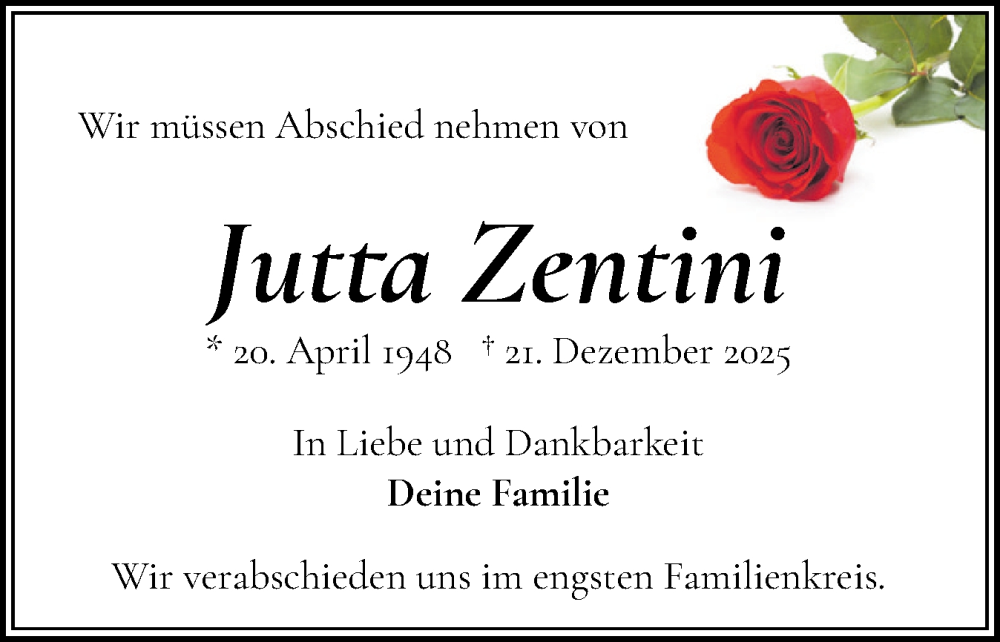  Traueranzeige für Jutta Zentini vom 03.01.2026 aus Flensburger Tageblatt