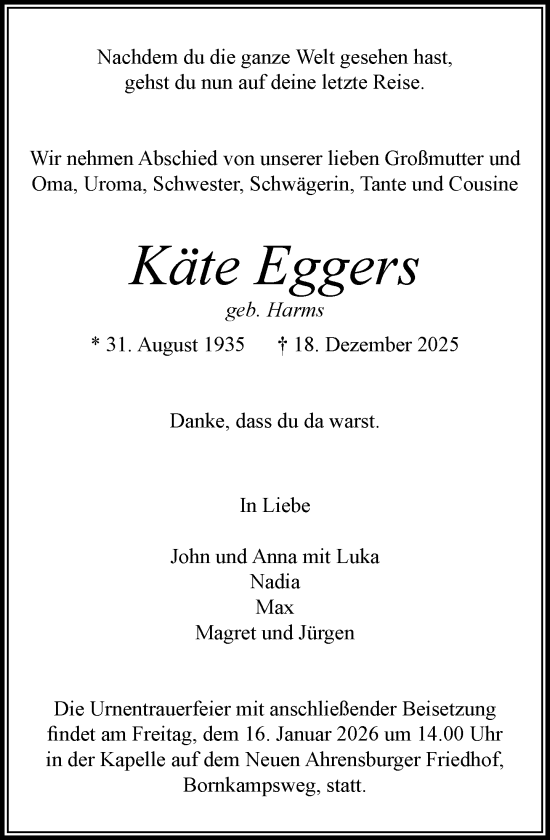 Traueranzeige von Käte Eggers von MARKT Ahrensburg/Bargteheide/Trittau und Stormarner Tageblatt