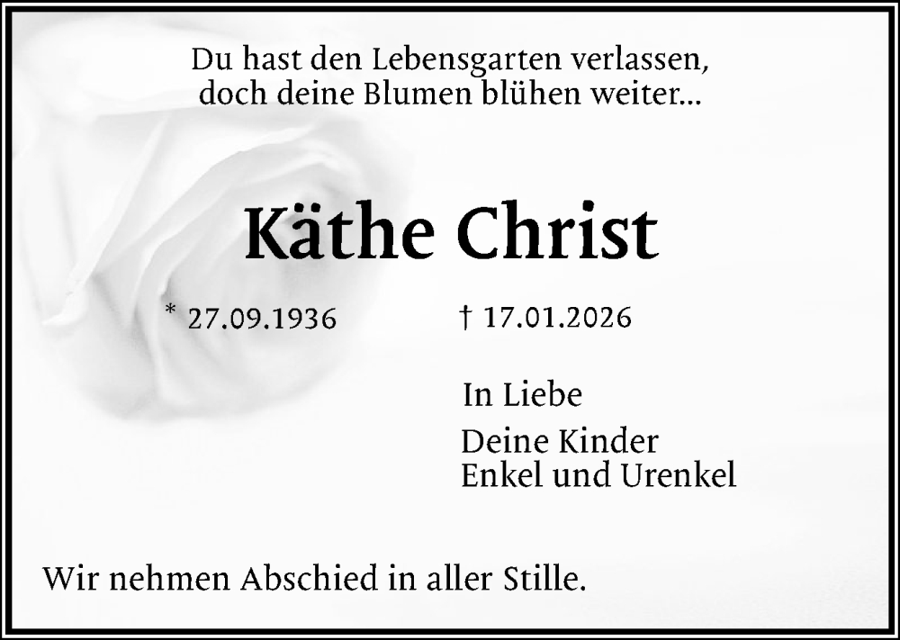  Traueranzeige für Käthe Christ vom 31.01.2026 aus Region Pinneberg und tip Pinneberg