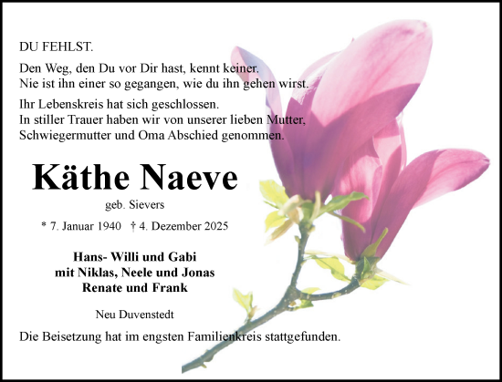 Traueranzeige von Käthe Naeve von Schleswig-Holsteinische Landeszeitung