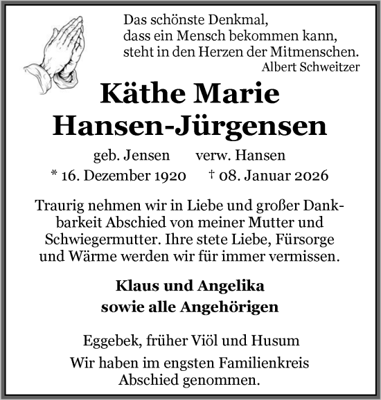 Traueranzeige von Käthe Marie Hansen-Jürgensen von Region Flensburg