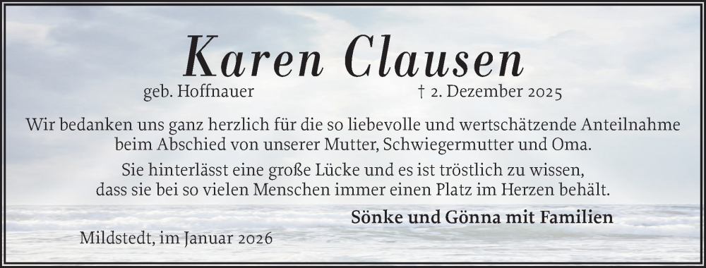  Traueranzeige für Karen Clausen vom 10.01.2026 aus Husumer Nachrichten, Nordfriesland Tageblatt