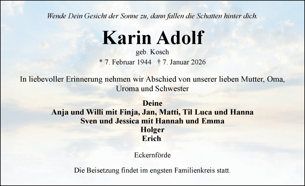  Traueranzeige für Karin Adolf vom 17.01.2026 aus Eckernförder Zeitung, Hallo Eckernförde